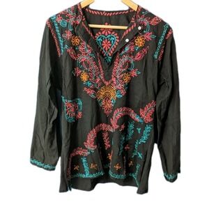 Black Cotton Tunic with Colorful Pink and Green Embroidery, Possibly Hand Done.